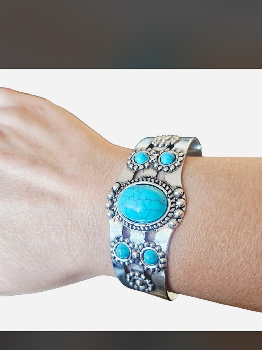 Turquoise Stone Silver-Tone Cuff Bracelet - Women's Jewelry